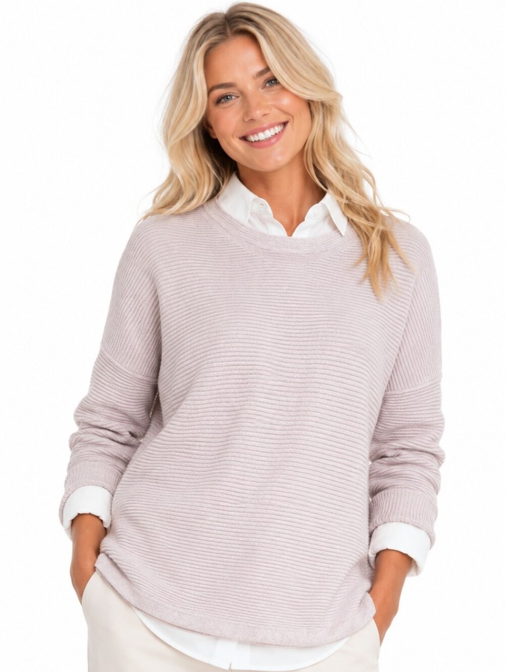 Chico's Light Pink Metallic Ribbed Crewneck Sweater (Size:chico's 3)